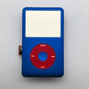 A blue iPod with a blank white front faceplate and a red clickwheel visible.