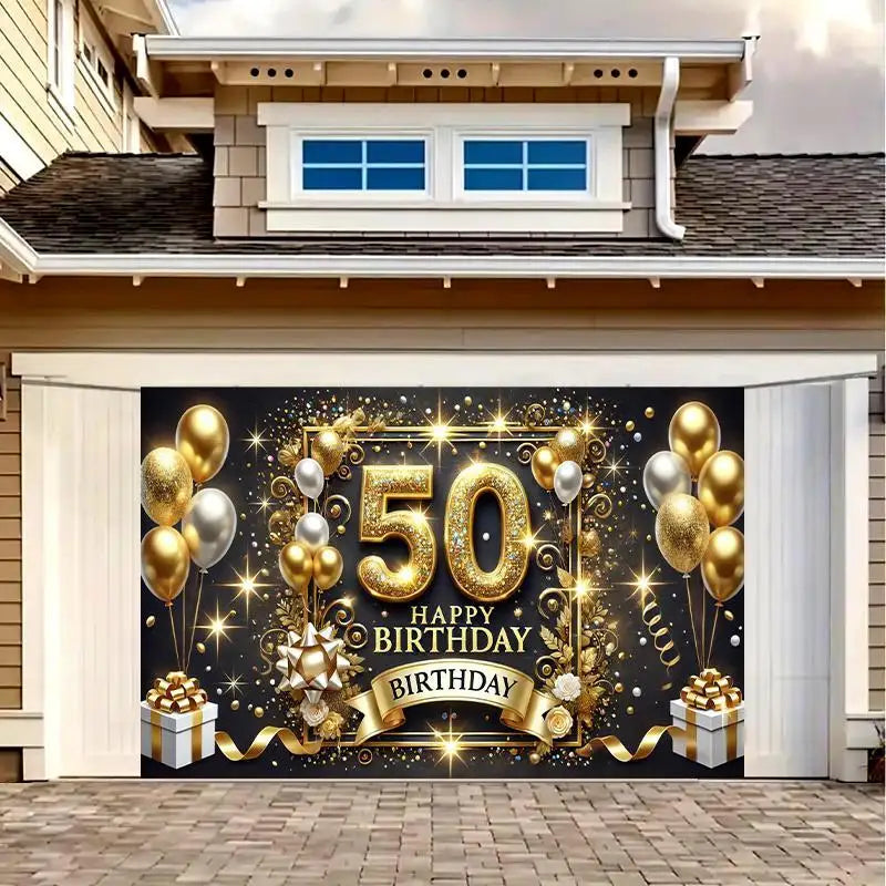 A large banner for a 50th birthday party featuring gold and silver balloons and sparkling accents.