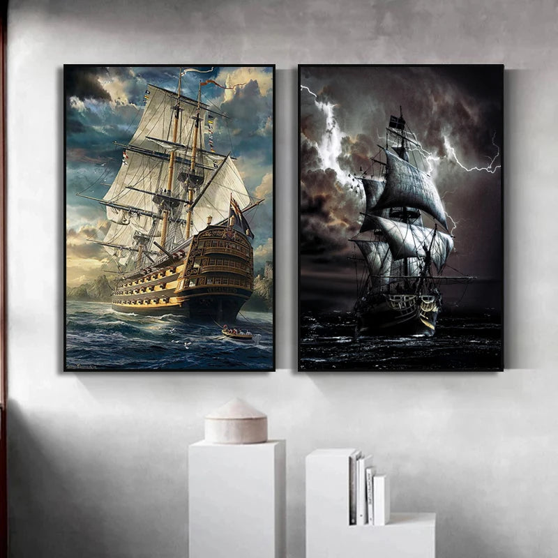 Canvas wall art featuring two paintings of a historical sailing ship against dramatic skies.