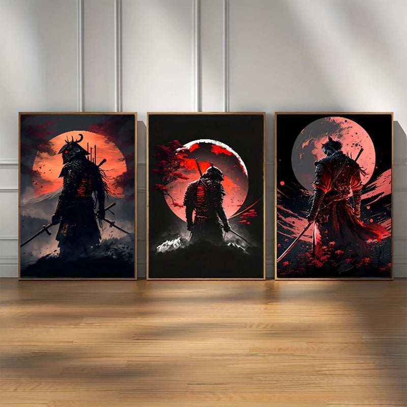 Three framed prints of samurai warriors silhouetted against a red sun and dark landscapes on black canvas