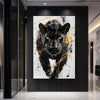 A canvas print featuring a fierce black panther head with gold abstract splatter art against a white background.