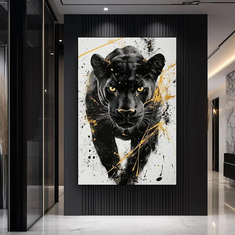 A canvas print featuring a fierce black panther head with gold abstract splatter art against a white background.