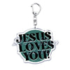 Silberner Acryl-Anhänger mit der Aufschrift Jesus liebt dich, umgeben von einem grünen Blattdesign.