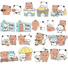 A collection of cute panda-themed fridge magnets featuring various poses and accessories.
