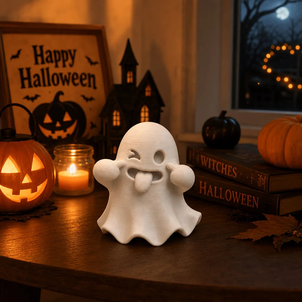 A white kawaii ghost statue with a tongue sticking out sits on a wooden table next to Halloween decor.