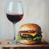 A glass of red wine sits next to a gourmet hamburger on a wooden board.