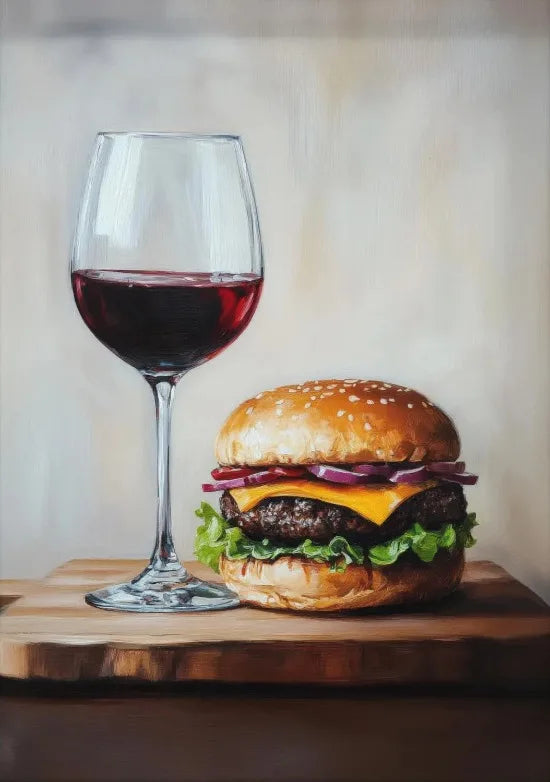 A glass of red wine sits next to a gourmet hamburger on a wooden board.