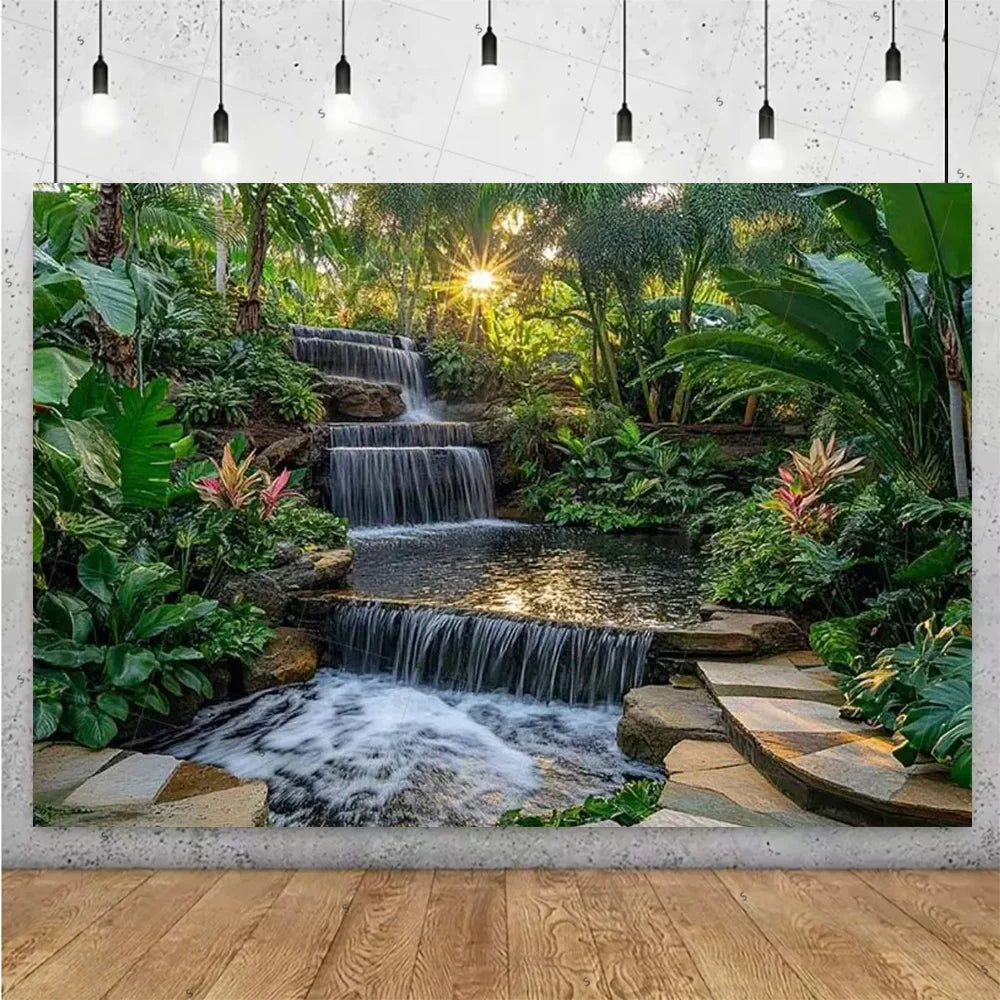 Forest Waterfall Wonderland Photography Backdrop