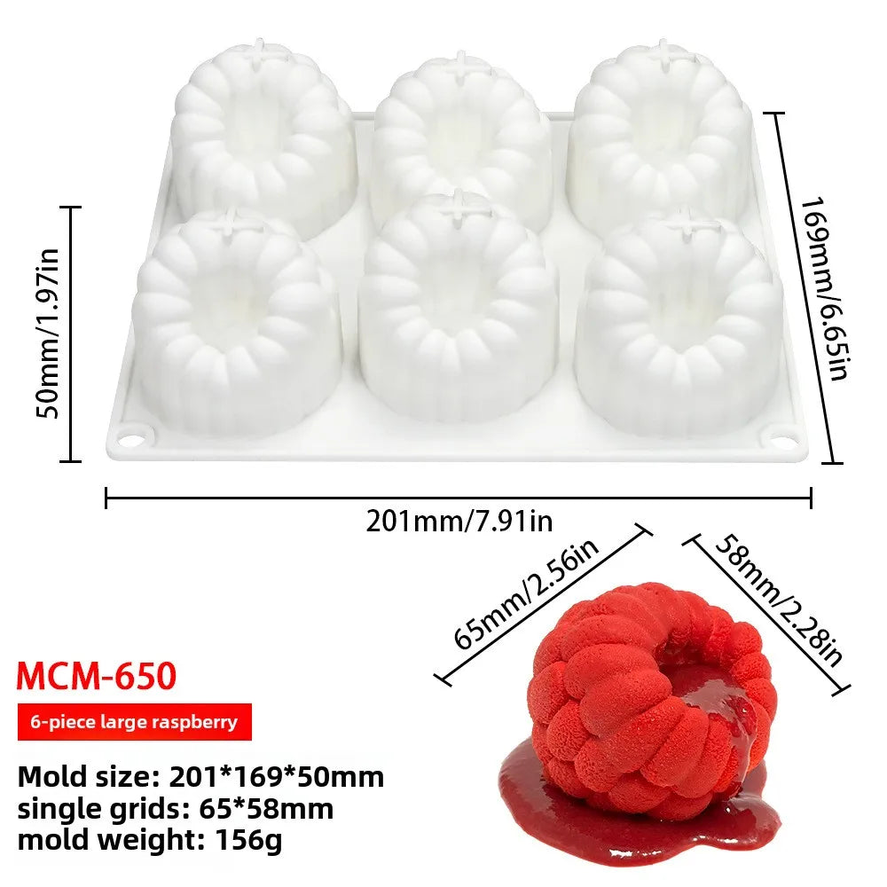 White silicone mold with six cavities for raspberry mousse or dessert baking