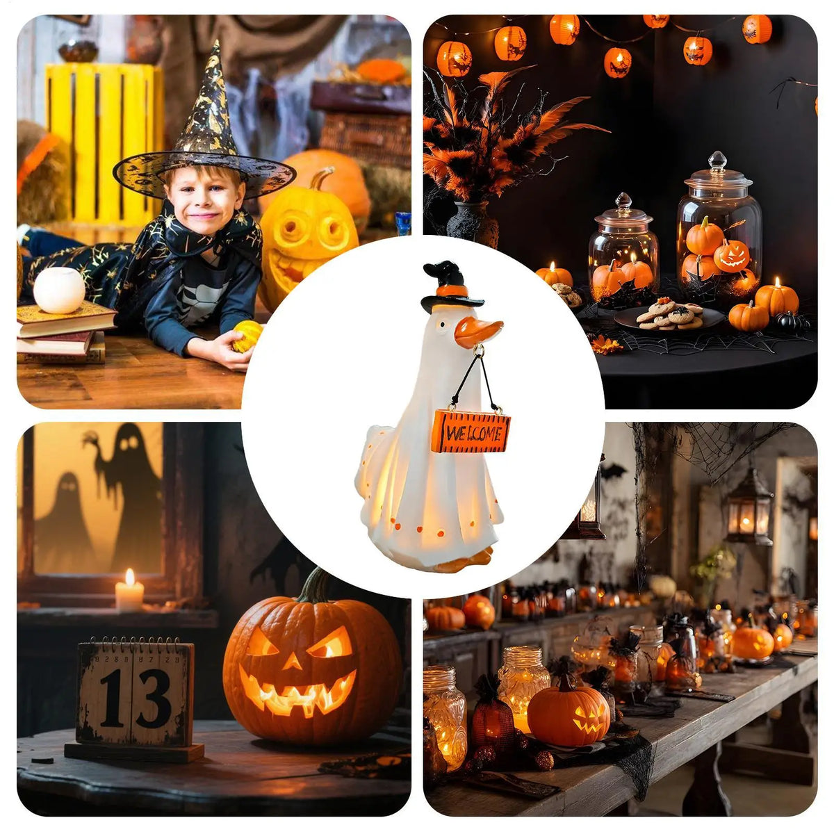 A collection of illuminated ghost figurines and carved pumpkins used for Halloween decoration.