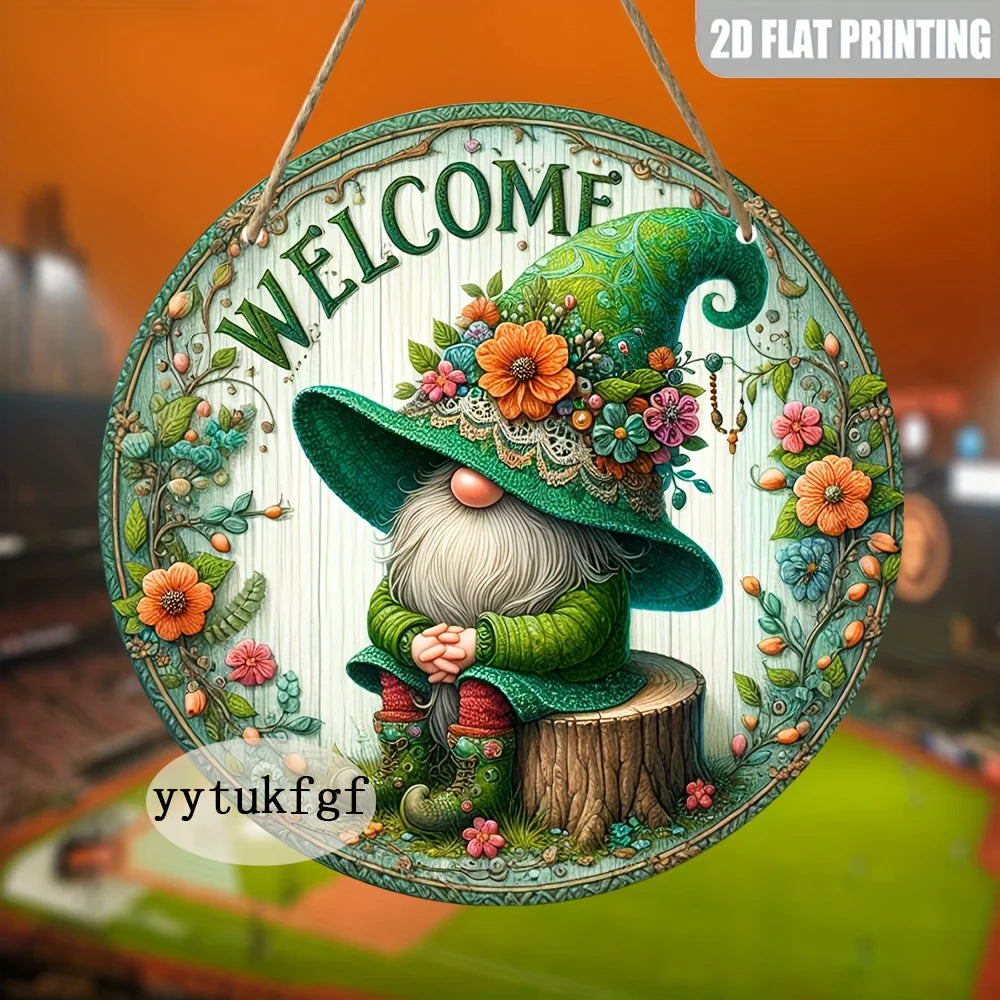 A handcrafted wooden garden gnome welcome sign featuring a green witch hat and beard, surrounded by floral elements.
