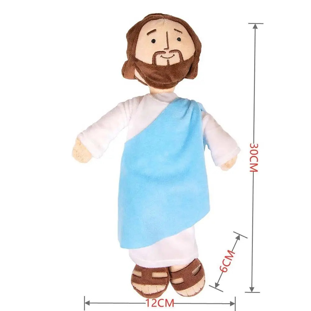 A plush doll depicting a bearded man with brown hair and a light blue robe for religious icon home decor