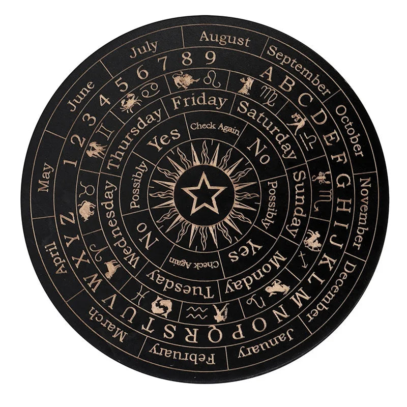 A circular wooden divination board with zodiac signs and months marked for pendulum use.