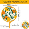 A yellow and green foldable pocket hand fan with a round design and a hanging chain clip.