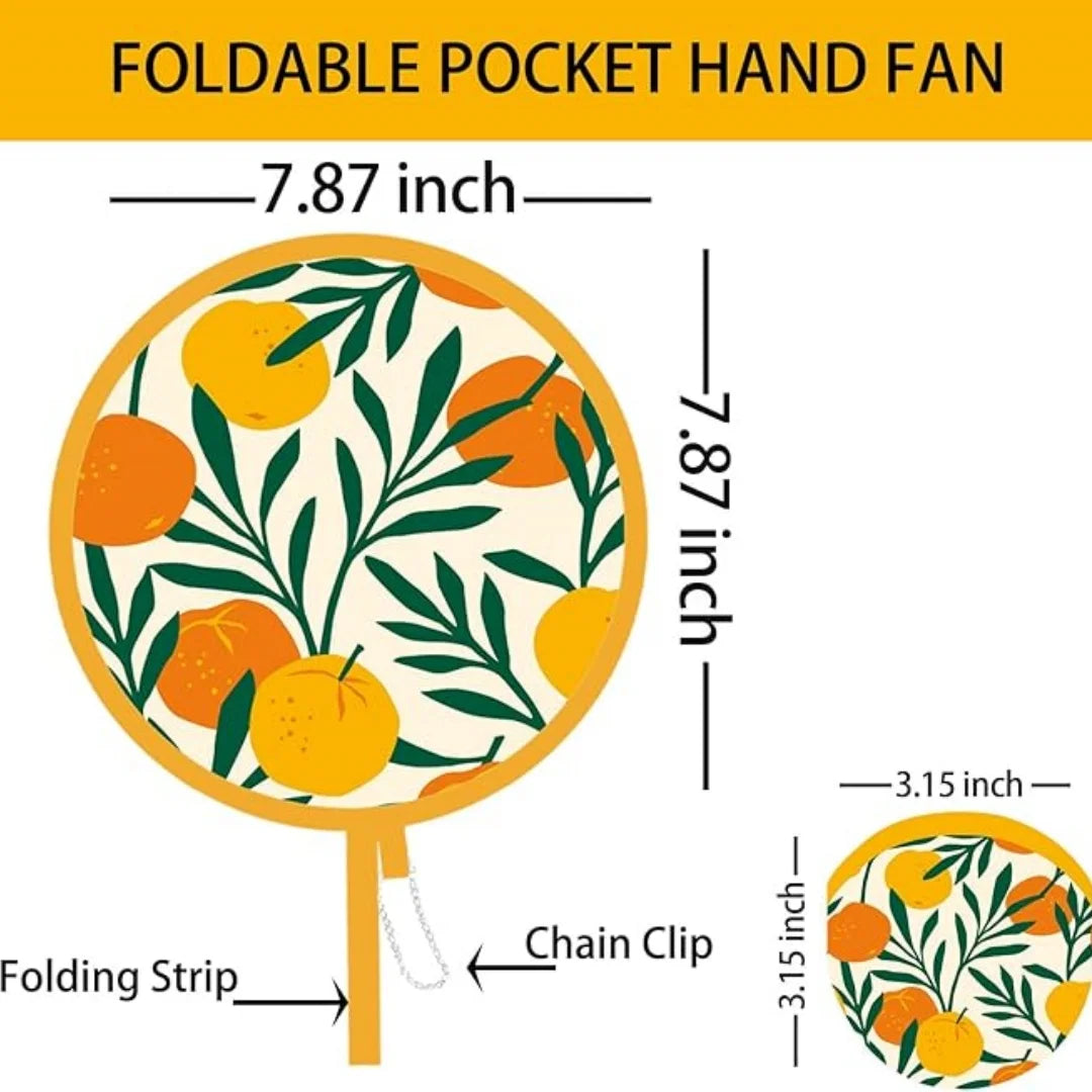 A yellow and green foldable pocket hand fan with a round design and a hanging chain clip.