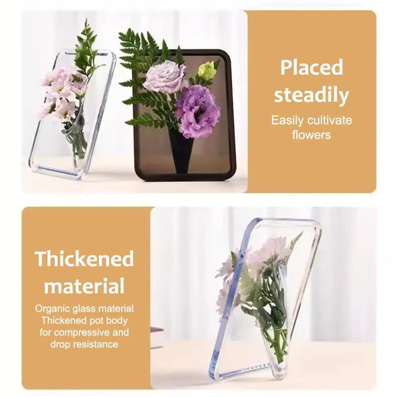 Clear acrylic frame flower vase with purple and pink flowers displayed on a white surface.