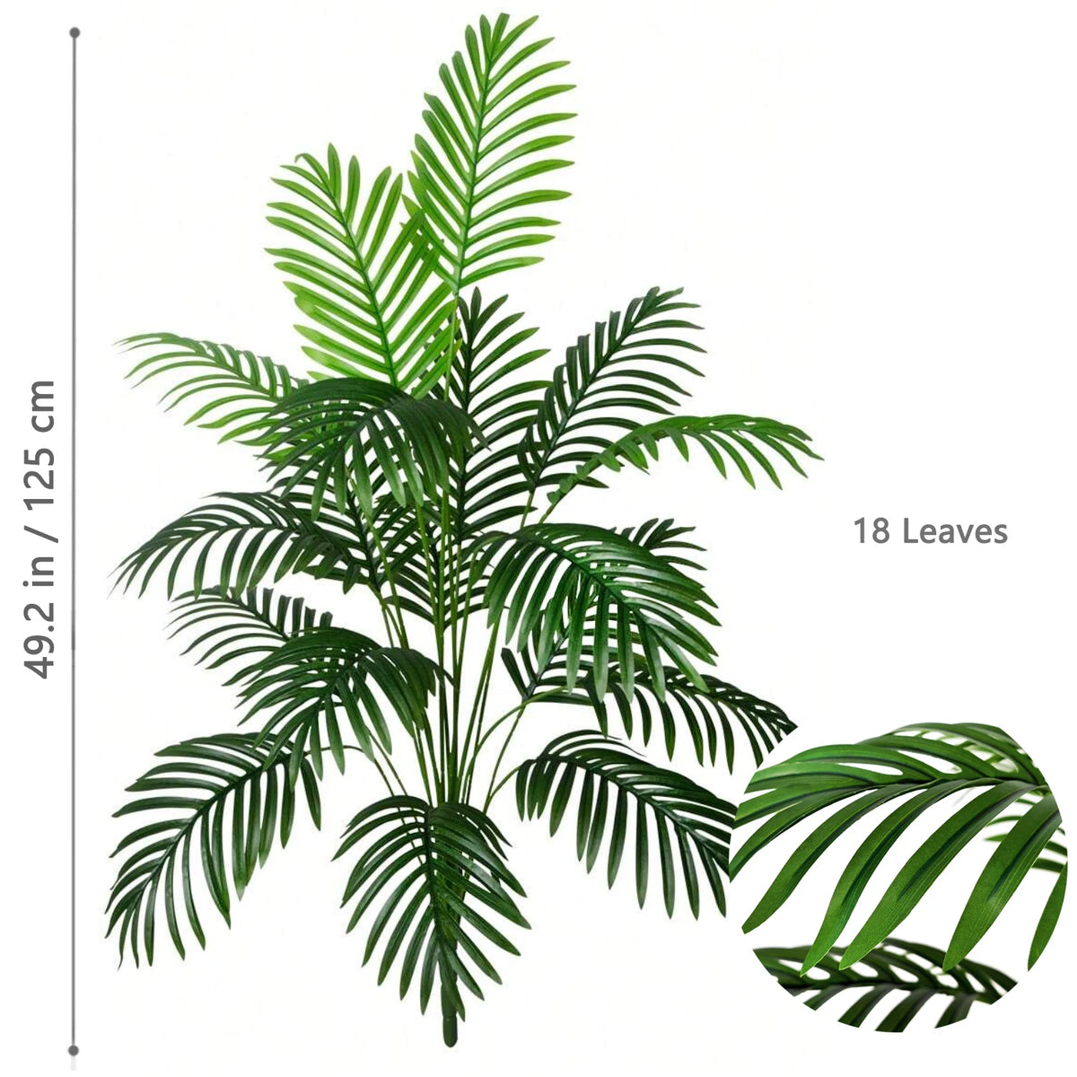 A realistic artificial palm tree featuring 18 silk green leaves.
