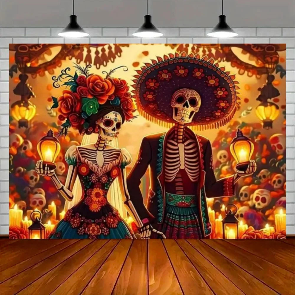 Day of the Dead Skeleton Carnival Backdrop for Halloween Party Decorations