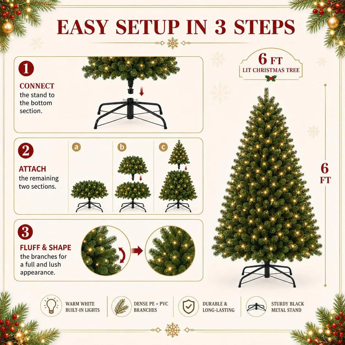 Classic Green Artificial Christmas Tree with Dual-Color LED Lights and Metal Stand