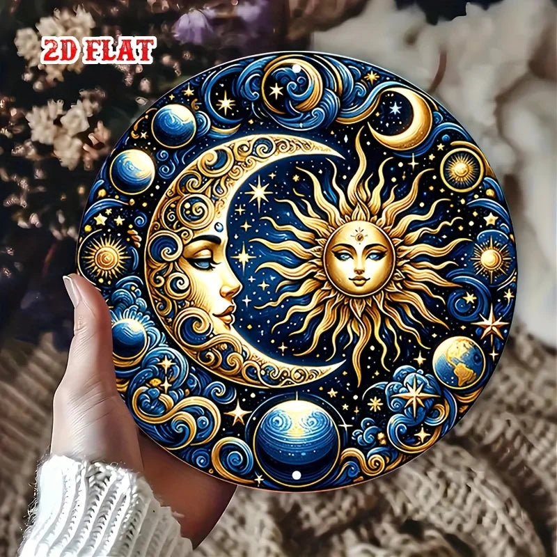 A round metal wall sign featuring a detailed golden sun and crescent moon against a deep blue starry background.