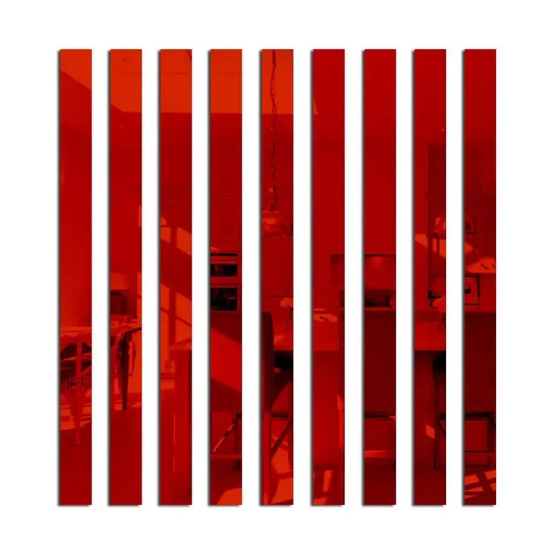 A set of vertical red acrylic mirror strips used as wall stickers for modern home decor.