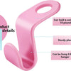 A pink plastic hanger connector hook with features including a capacity for 10 pounds and an 0.8-inch hanger.