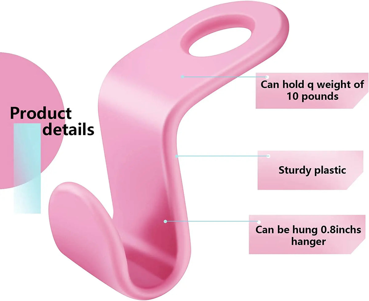 A pink plastic hanger connector hook with features including a capacity for 10 pounds and an 0.8-inch hanger.
