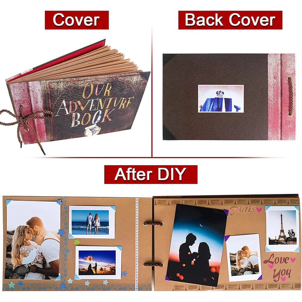 A set of scrapbook covers and an open DIY album showing photos and memories.