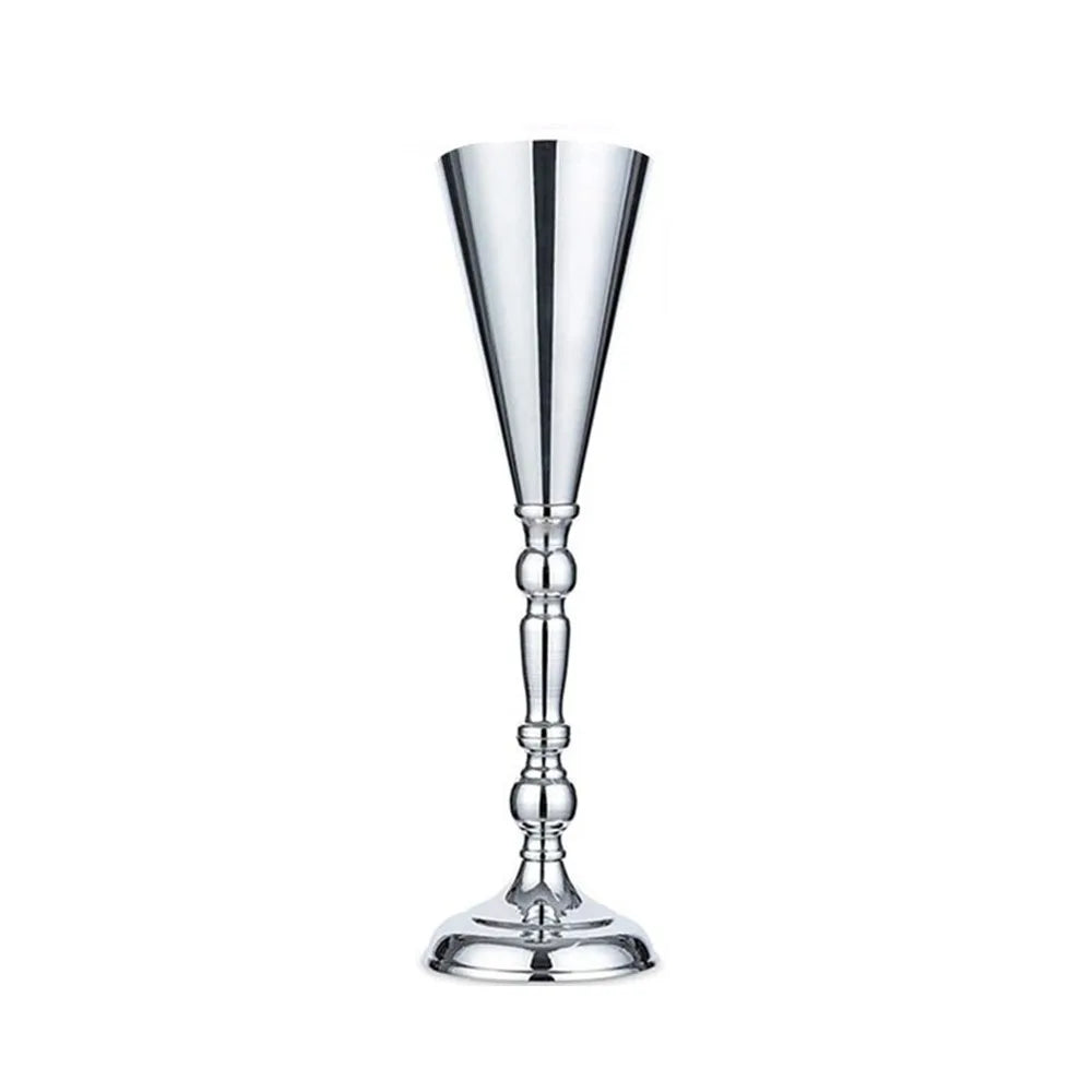Elegant golden silver wedding flower vase with a tapered glass body and pedestal base