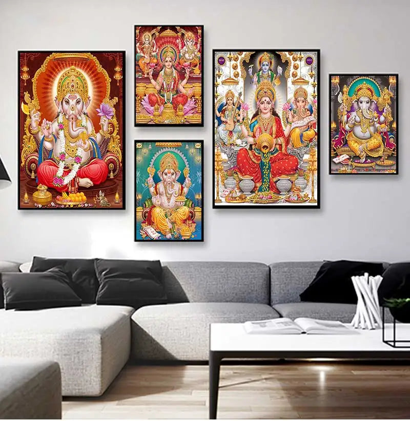 A gallery wall featuring canvas art prints of Hindu deities Ganesha, Shiva, and Parvati in vibrant colors.
