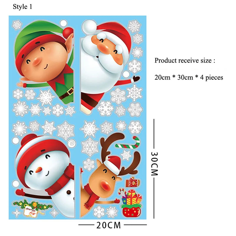 A set of four festive Christmas window stickers featuring a snowman, deer, and Santa Claus in various poses.