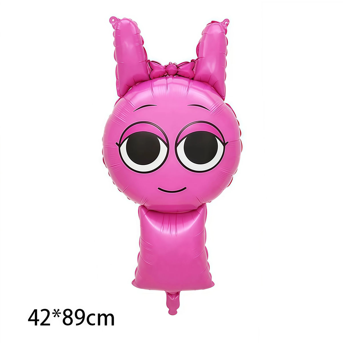 Pink balloon shaped like a bunny head with large black eyes and pink ears