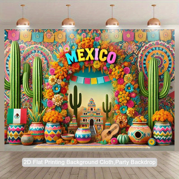 A vibrant Mexican fiesta backdrop featuring colorful cacti, flowers, and decorative elements for photography.