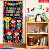 A colorful door banner featuring cartoon children and text for welcome back to school decor