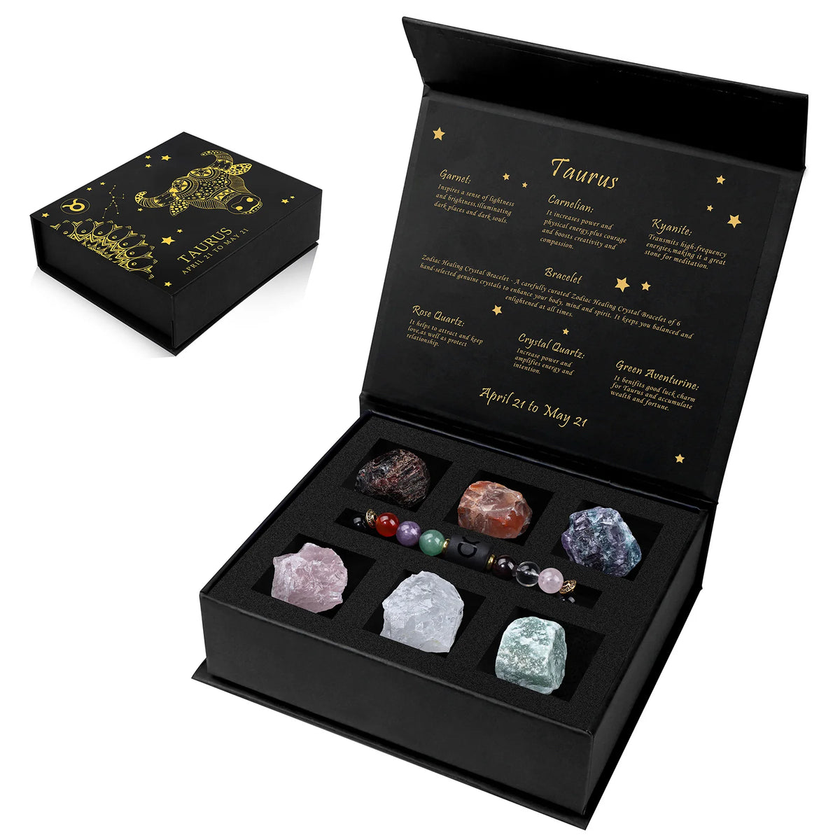 A black gift box containing a natural stone zodiac bracelet and various crystals, with a separate box featuring Taurus inform