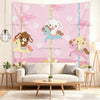 Pink tapestry featuring a white rabbit and a purple horse in a whimsical fairground style