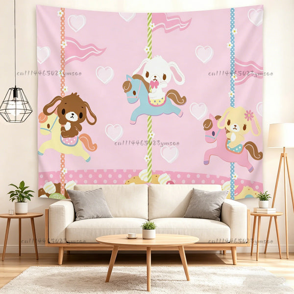 Pink tapestry featuring a white rabbit and a purple horse in a whimsical fairground style