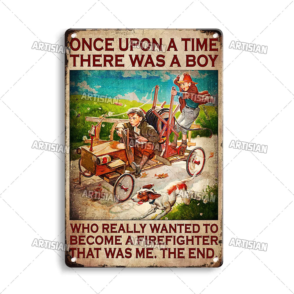 Vintage metal sign featuring a retro illustration of a boy and a firefighter.