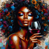 Vibrant painting of an African American woman with curly hair holding a glass of red wine.