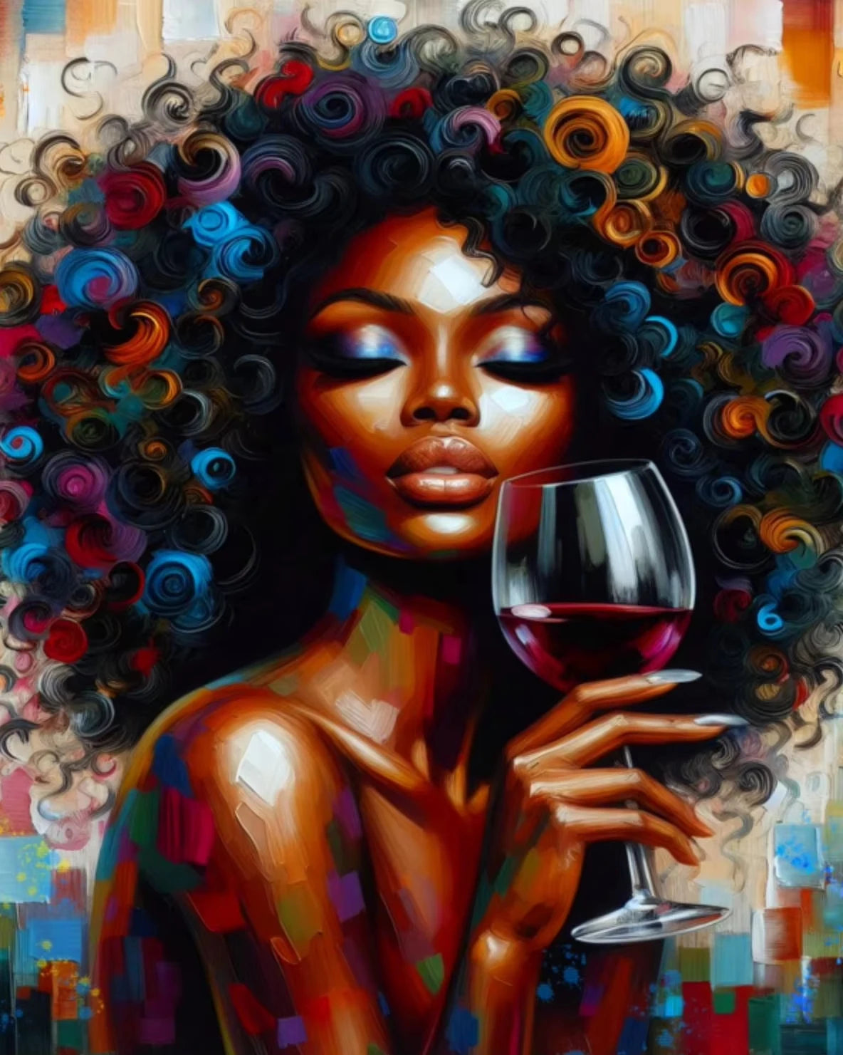 Vibrant painting of an African American woman with curly hair holding a glass of red wine.