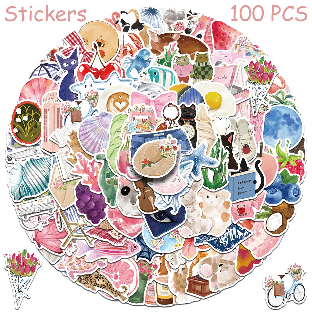 A circular arrangement of 100 watercolor dairy stickers featuring various animals, food items, and decorative elements.
