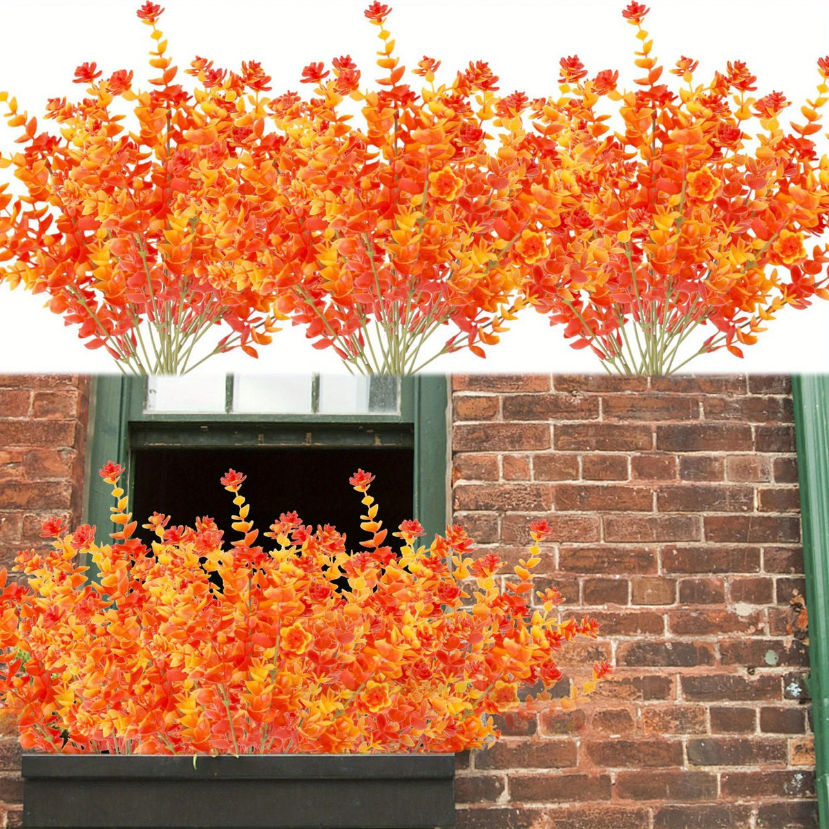 Künstliche orange Büsche in voller Blüte, gezeigt oben und in einem Fensterkasten vor einer Ziegelwand.