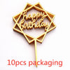 A gold acrylic love happy birthday cake topper in a six-pointed star shape with the words Happy Birthday on it, shown against