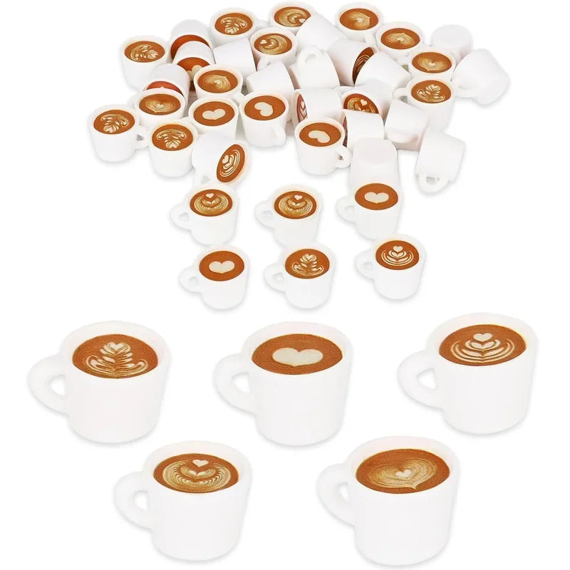 A set of ten miniature white resin coffee mugs arranged in a cluster.