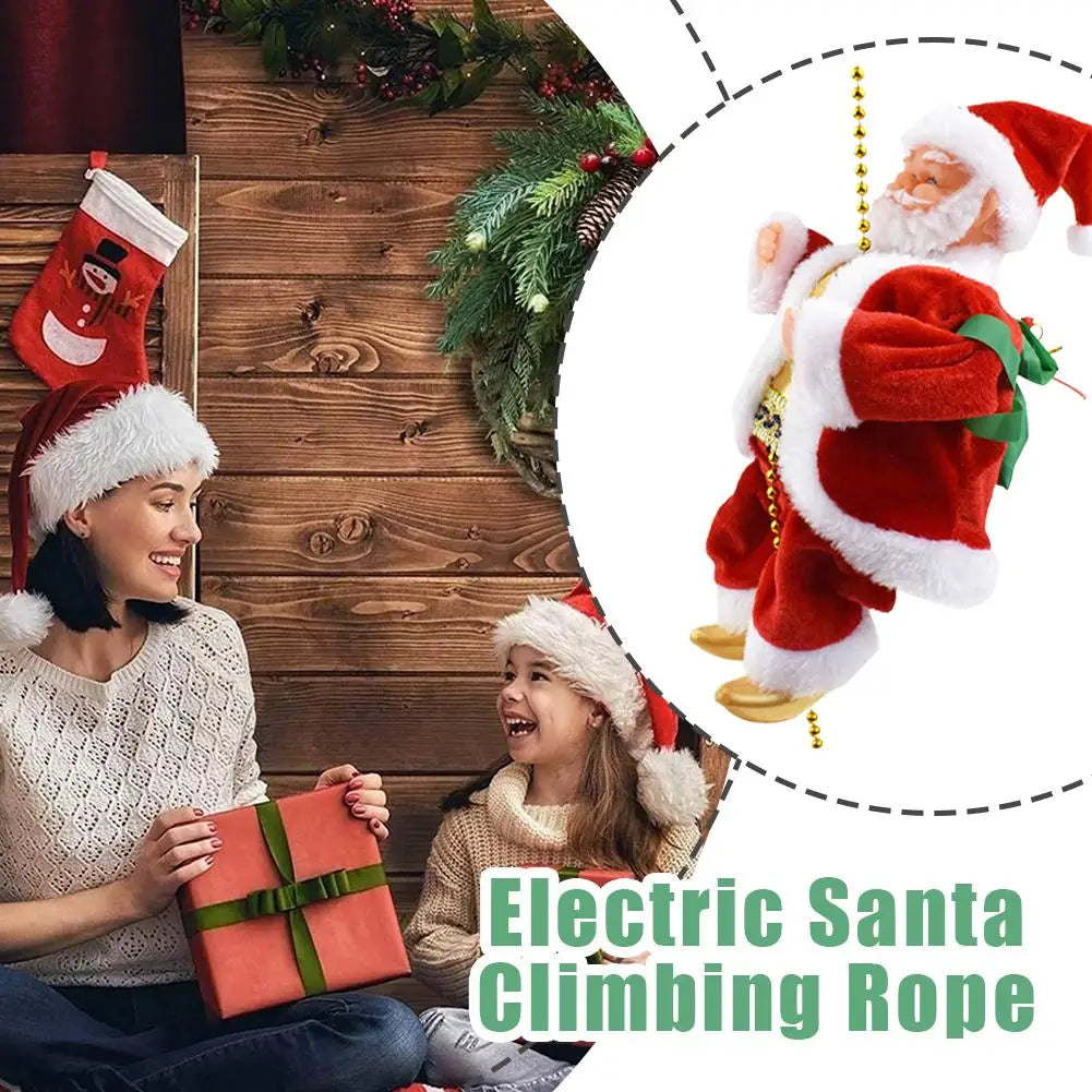 A woman and a child are enjoying an electric Santa climbing rope toy in a festive holiday setting.