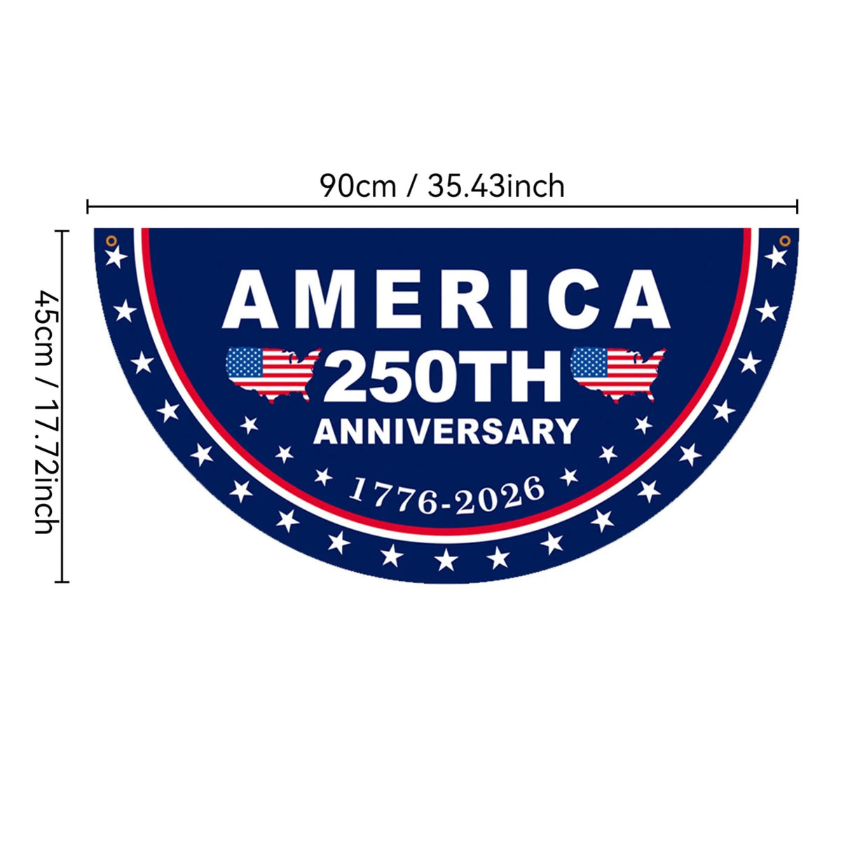 A dark blue bunting flag design featuring the text AMERICA 250TH ANNIVERSARY and American flags.