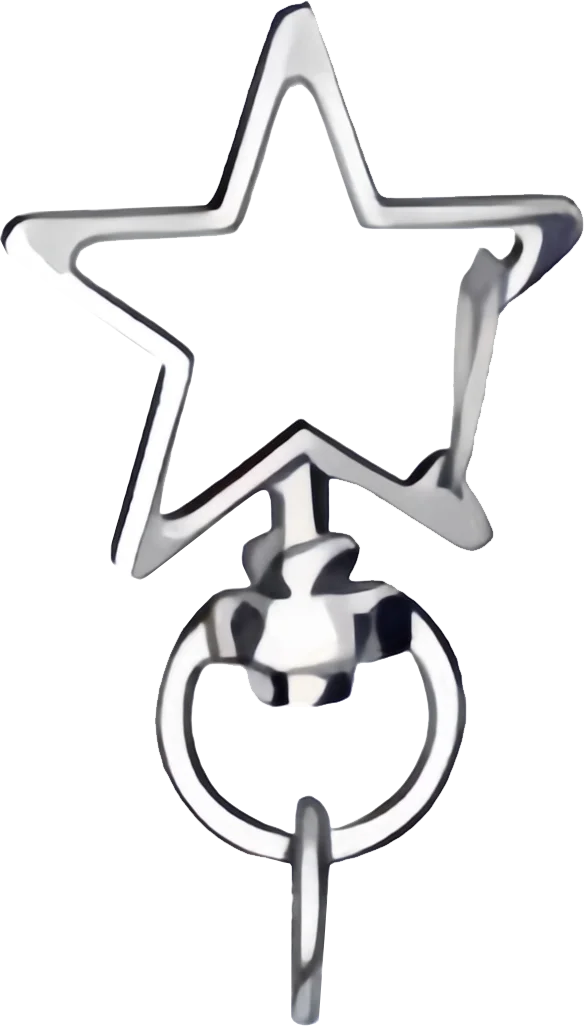 Silver star-shaped acrylic fridge magnet with a hanging loop.