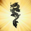 A black silhouette of a dragon head and body against a bright golden sunburst background.