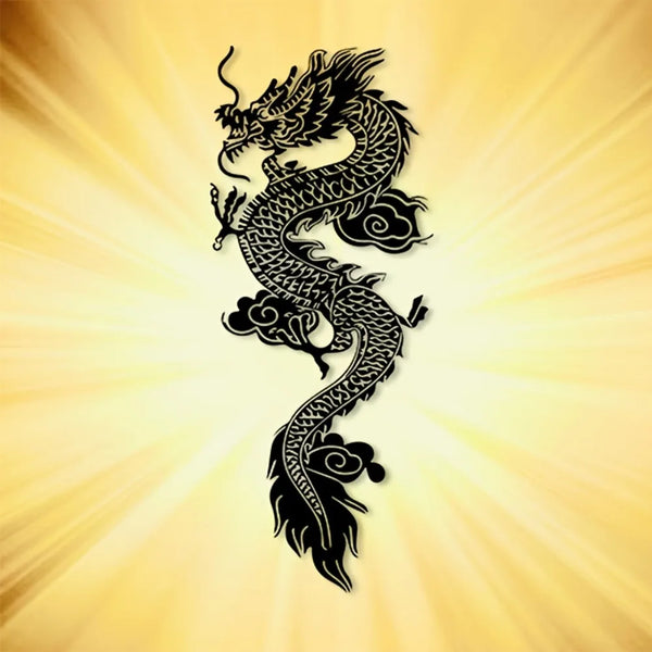 A black silhouette of a dragon head and body against a bright golden sunburst background.