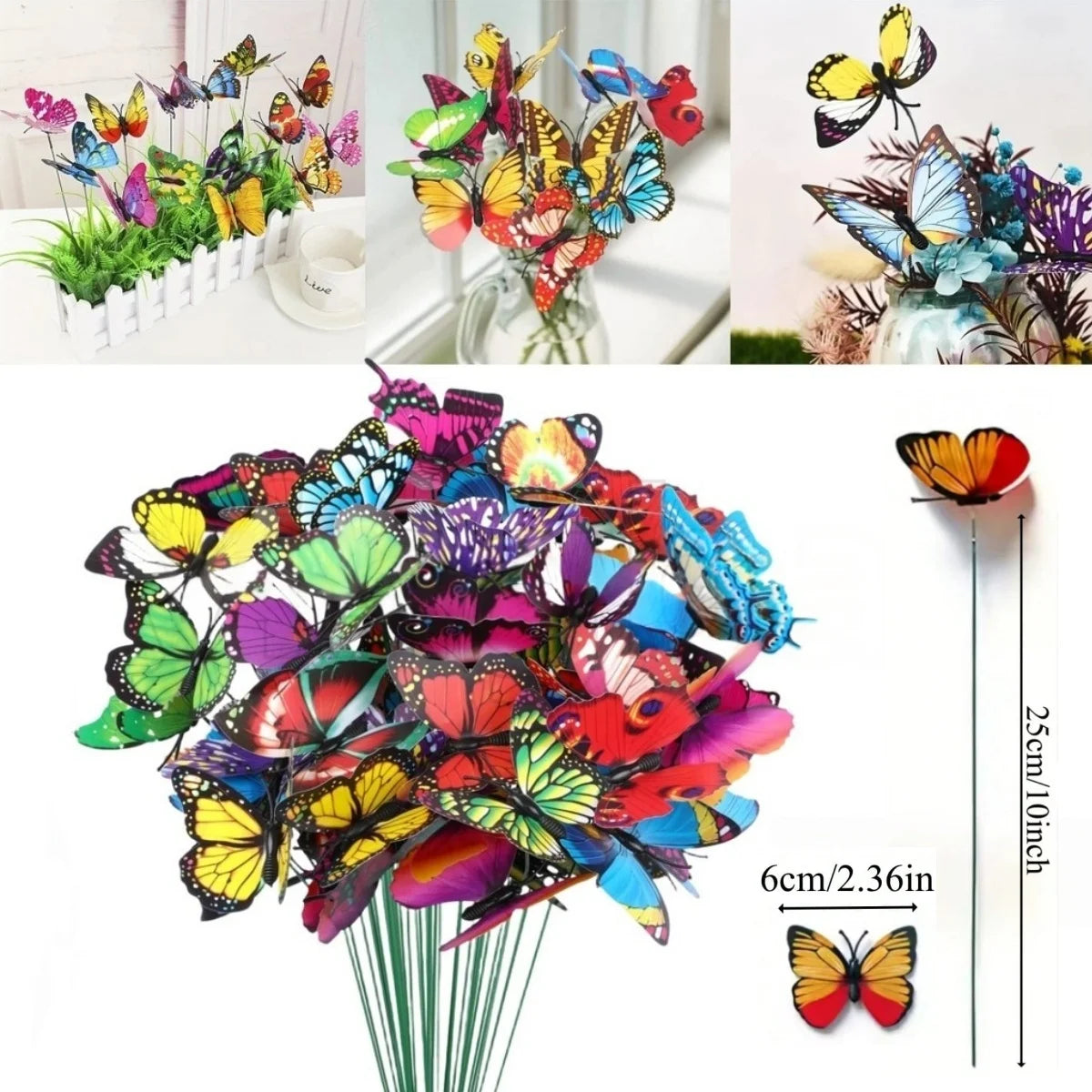 A bouquet of colorful decorative butterflies on thin stakes, featuring vibrant shades of pink, orange, yellow, and blue.